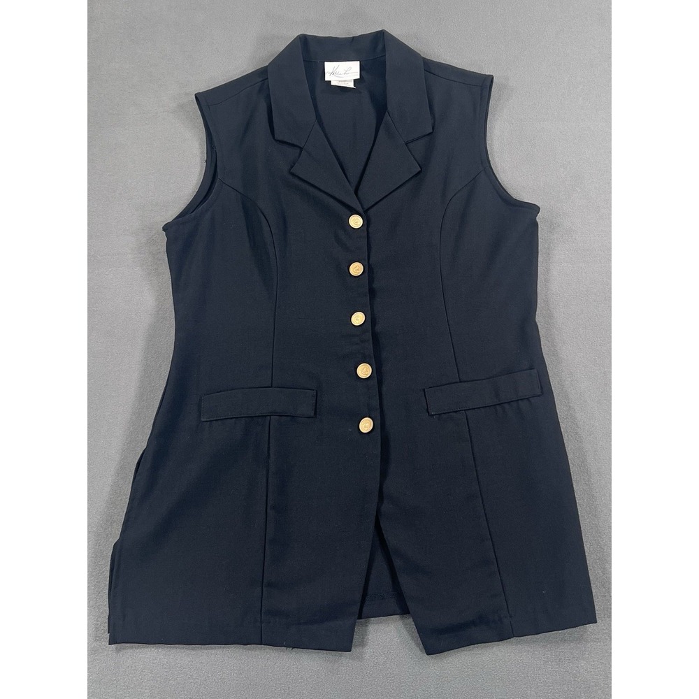 VTG Kathie Lee Womens Black Sleeveless Long 5-Button Notch Lapel Vest 90s Sz 16
